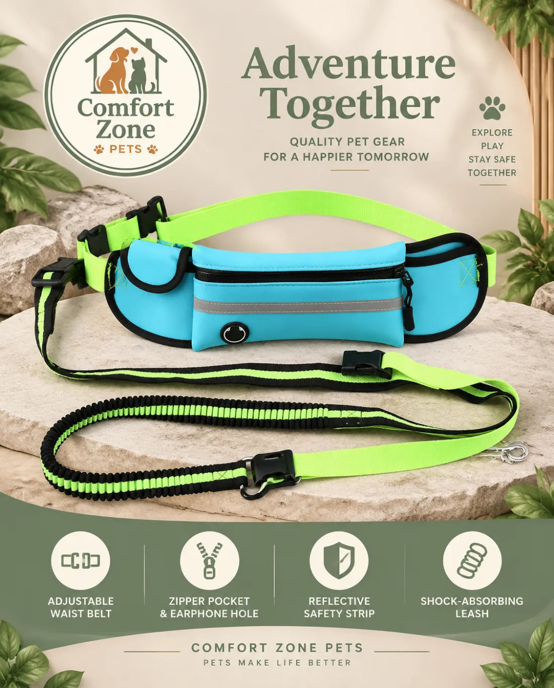 Hands-Free Reflective Dog Leash with Waist Bag