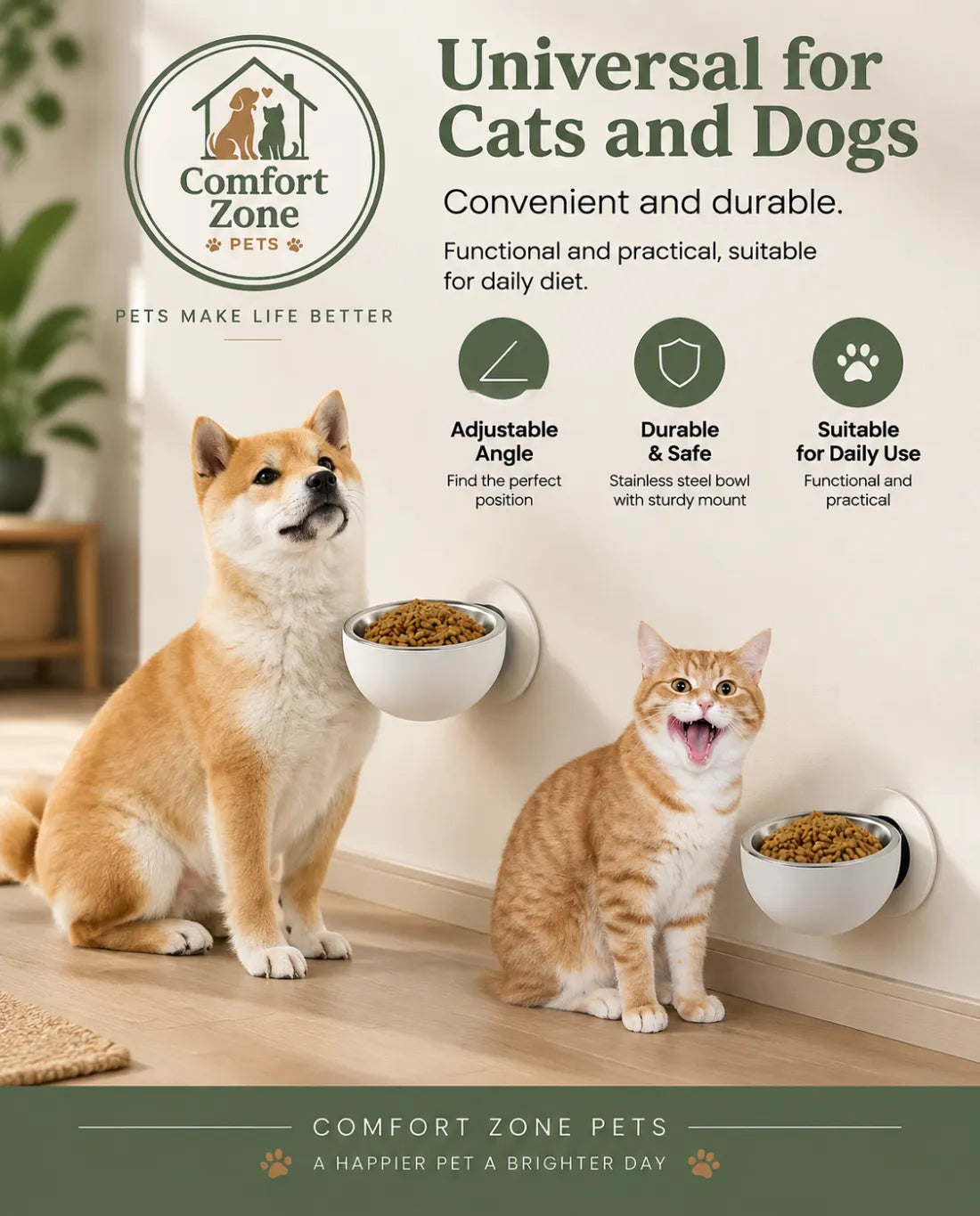 Adjustable wall mounted pet bowl for cats and small dogs with comfortable elevated feeding design
