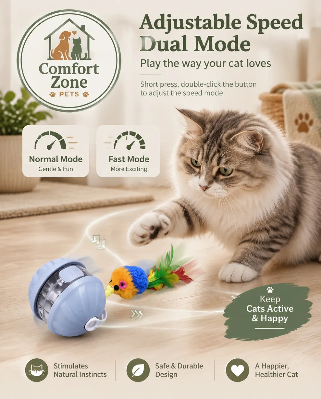 Adjustable speed rolling cat ball toy with multiple play modes for different cat activity levels.
