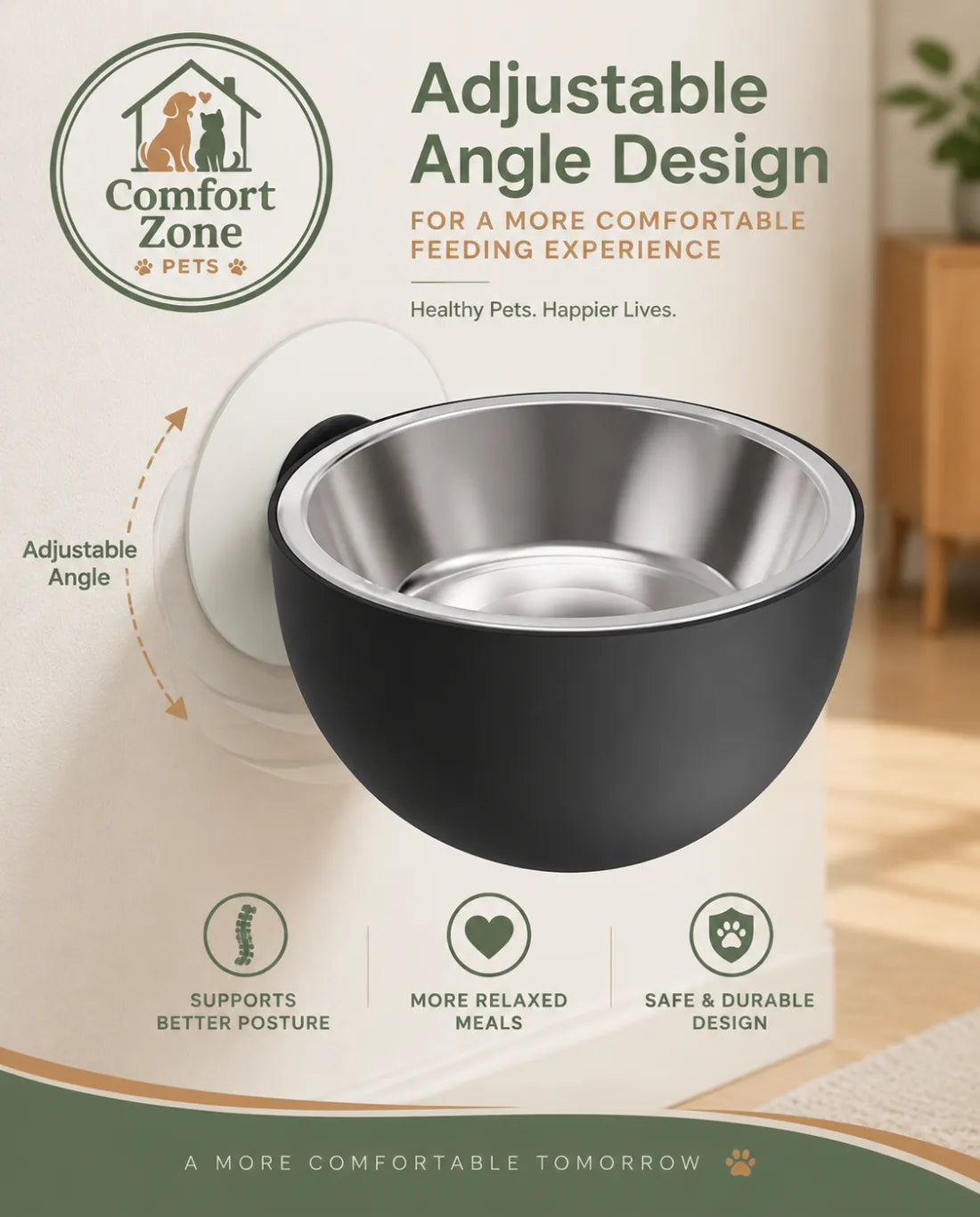 Adjustable wall mounted cat bowl with height settings for small dogs and cats