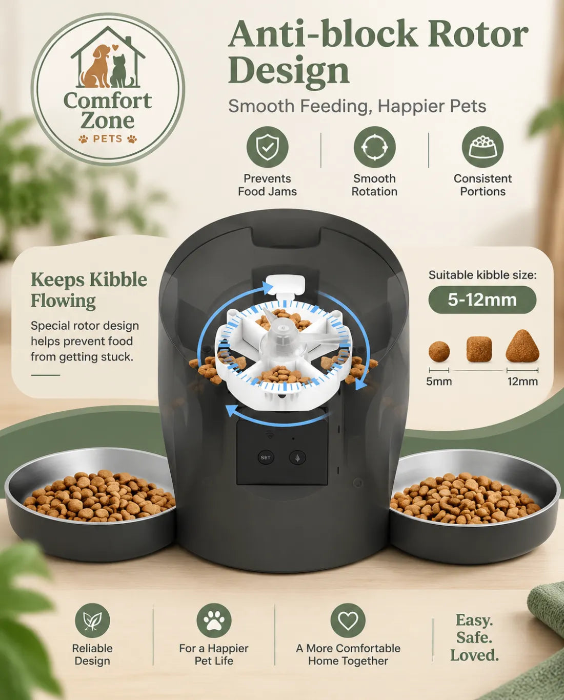 Automatic pet feeder with anti-block rotor design and dual food bowls for cats and dogs