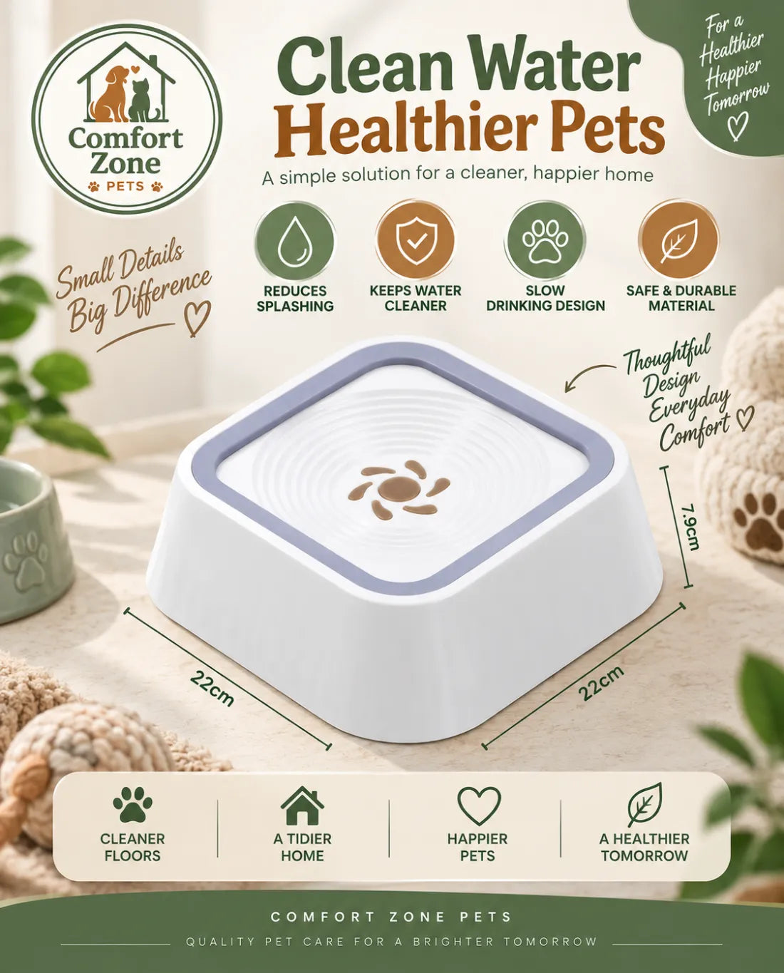 White floating anti-spill water bowl for cats and dogs with a slow-drinking top, gray rim, and 22 x 22 x 7.9 cm dimensions.