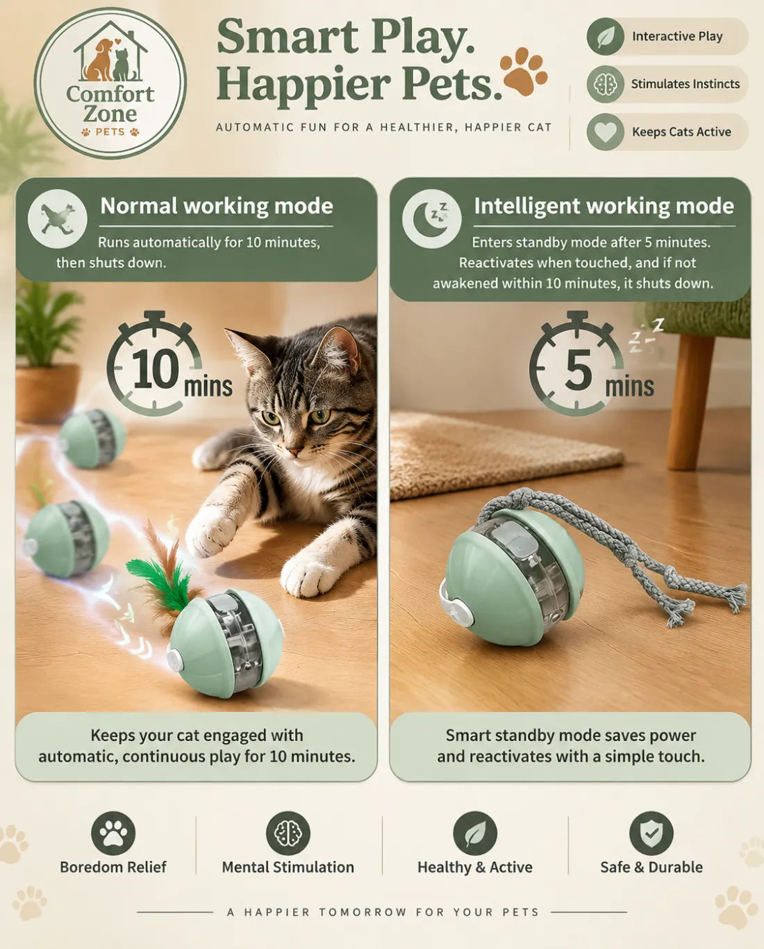 Automatic cat ball toy feature details showing smart play functions and interactive pet entertainment.