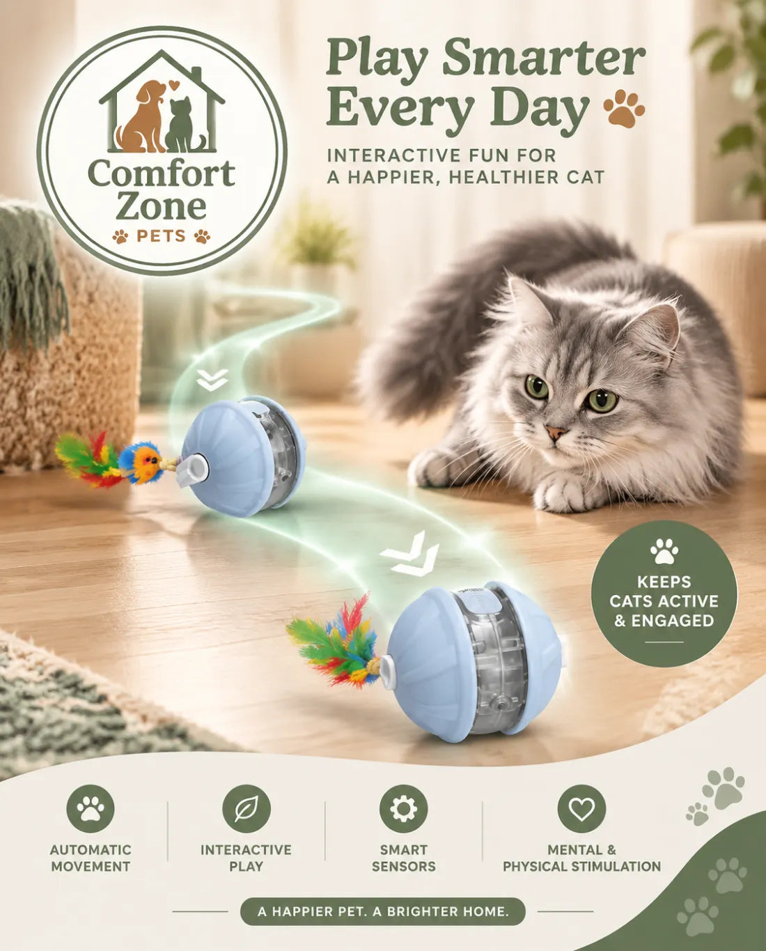 Automatic cat ball toy with random motion play feature to stimulate natural hunting instincts.