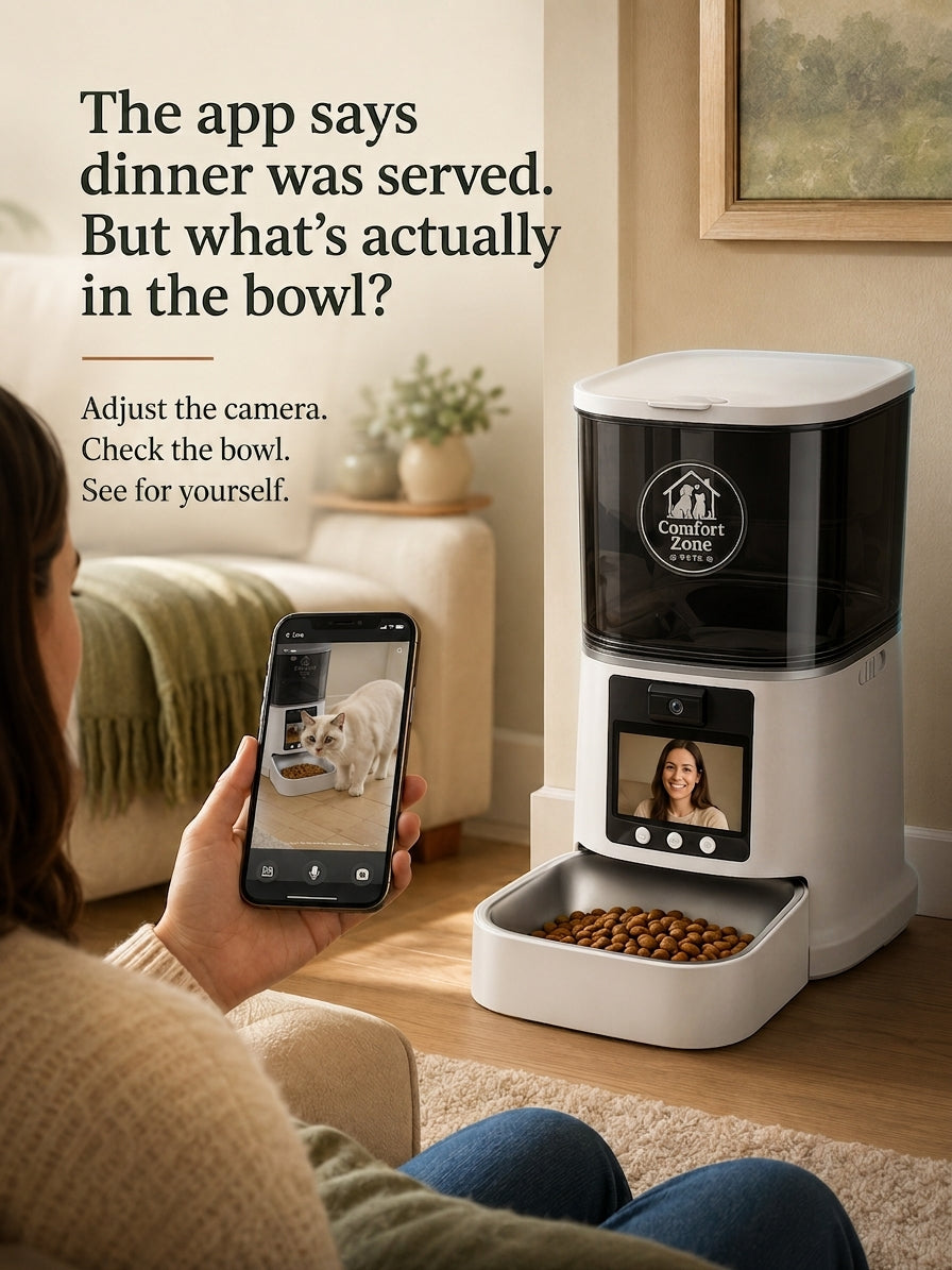 Woman checking cat feeder camera view on phone while cat eats from feeder bowl