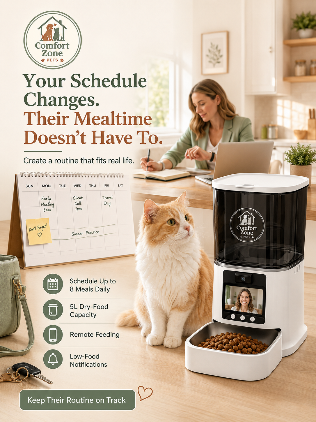 Automatic pet feeder feature icons: 8 daily meals, 5L capacity, remote feeding, low-food alerts