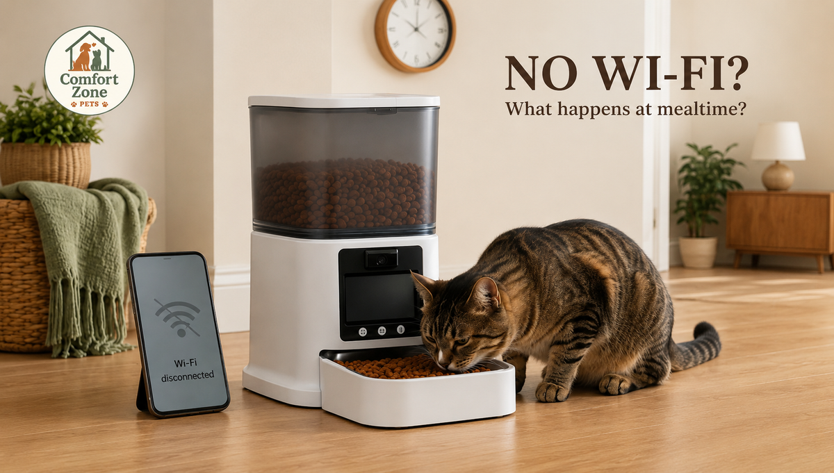 A brown tabby cat eats from a white automatic pet feeder in a cozy living room. A smartphone on the floor shows a disconnected Wi-Fi icon, and text on the right reads "NO WI-FI? What happens at mealtime?" with a Comfort Zone Pets logo in the top left.
