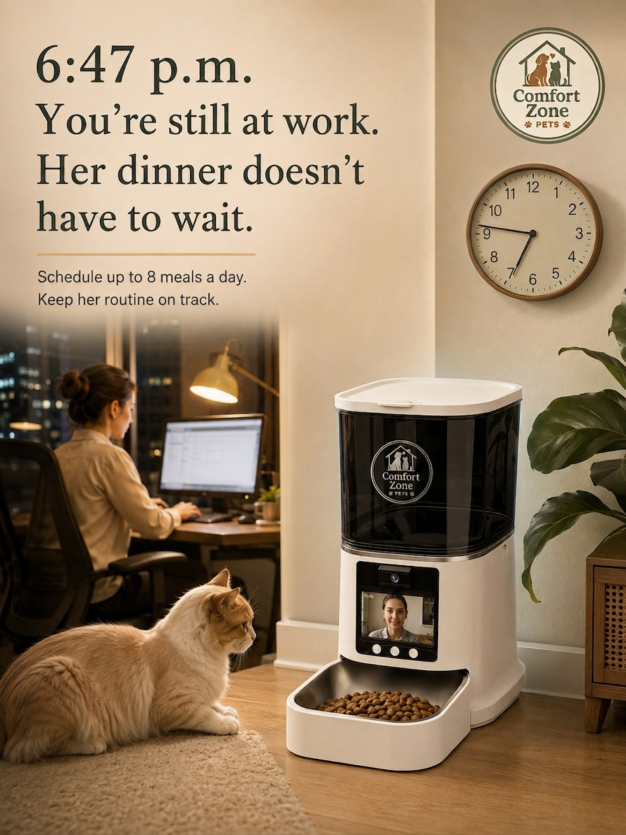 Cat eating from automatic feeder at 6:47pm while owner still working late
