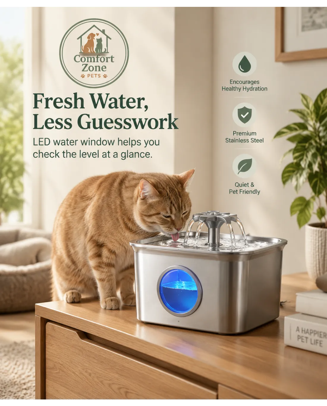 Automatic cat water fountain with 3.2L reservoir and stainless steel water bowl