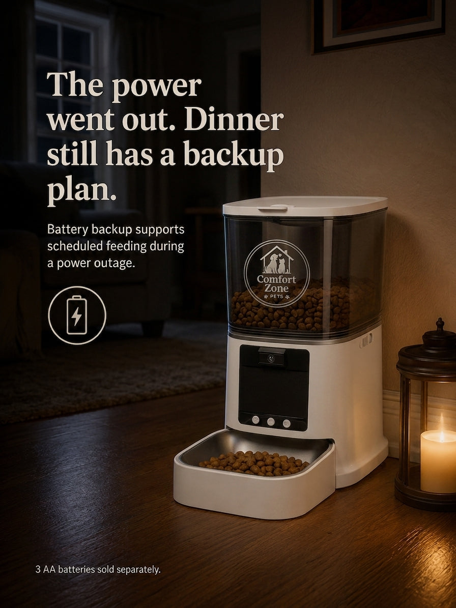 Automatic pet feeder with battery backup icon for power outage feeding
