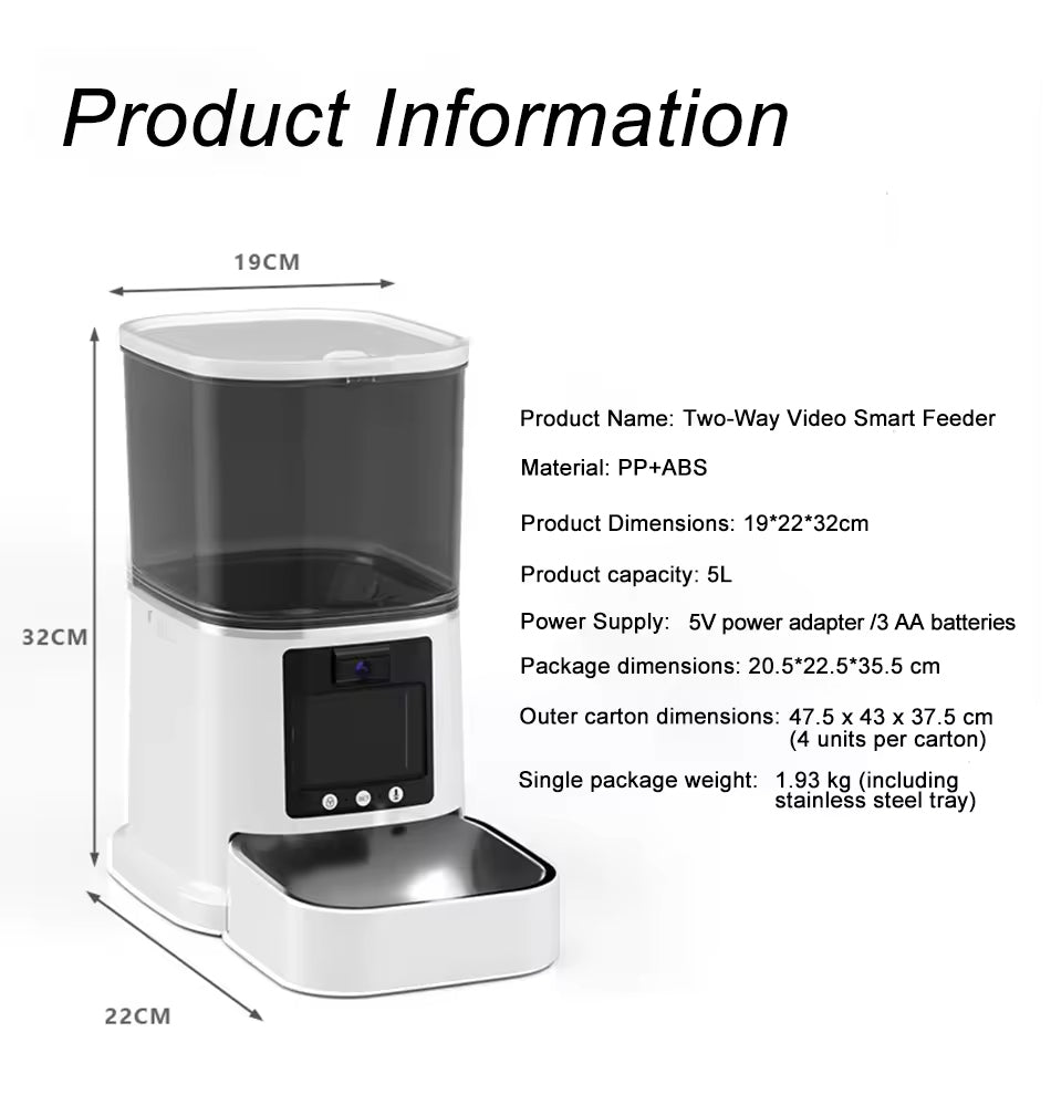 Product information sheet for the automatic pet feeder showing side-view dimensions, 5L capacity, and power supply specs