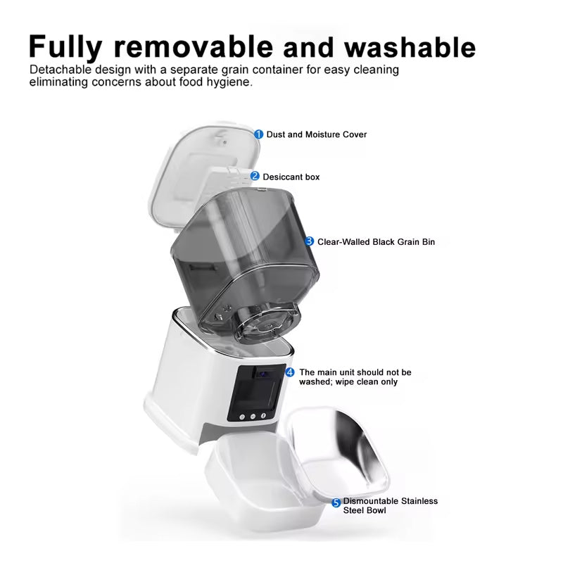 Automatic pet feeder parts diagram: removable cover, grain bin, and washable steel bowl