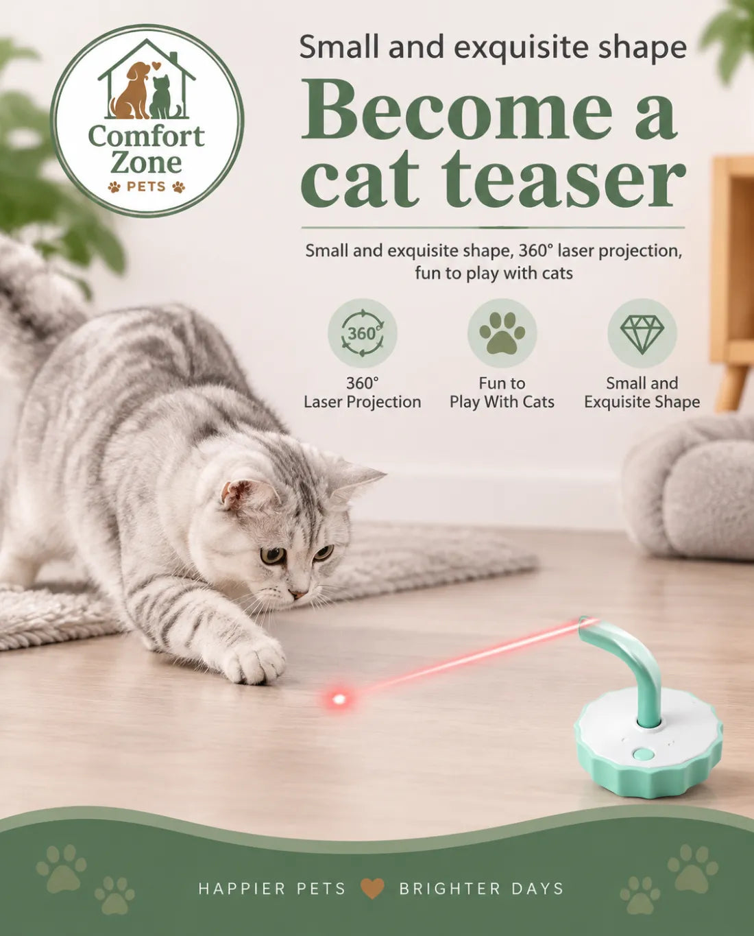 Comfort Zone Pets cat umbrella laser toy with automatic 360 rotating tumbler motion for
active and healthy cat play.