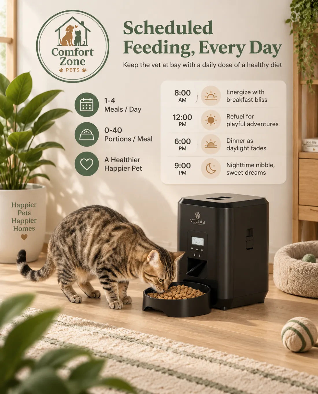 Automatic pet feeder with large food storage capacity for multiple days of scheduled feeding.