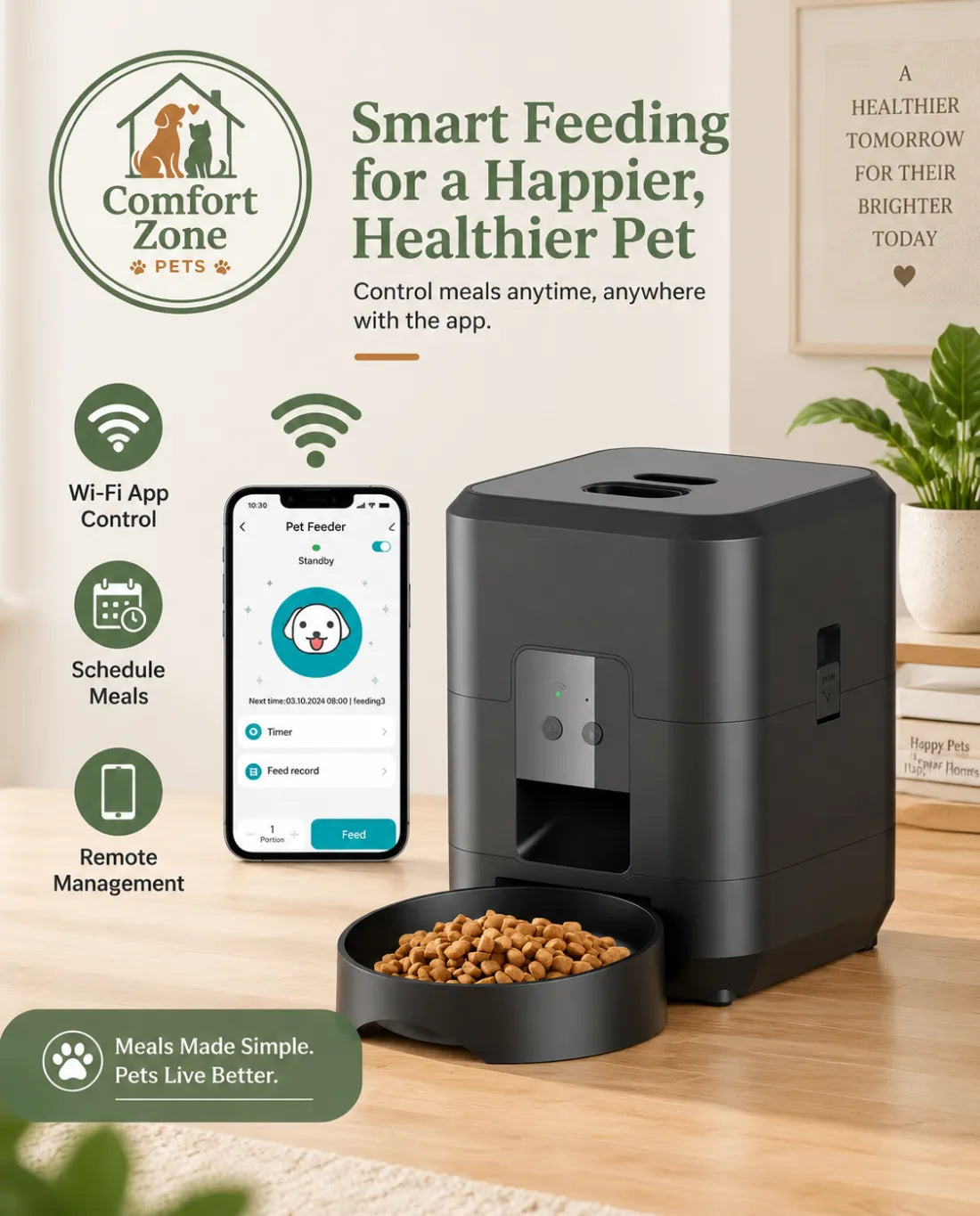 Automatic pet feeder with scheduled meal control for cats and dogs using smart feeding settings.