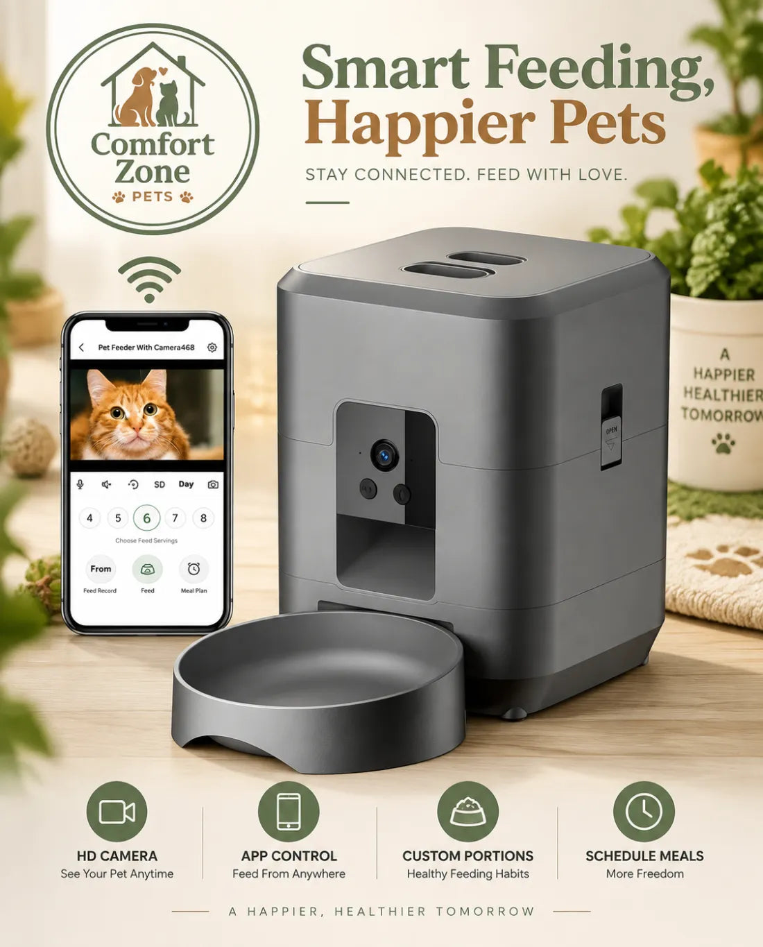 Smart automatic pet feeder with feeding schedule panel and customizable meal settings.