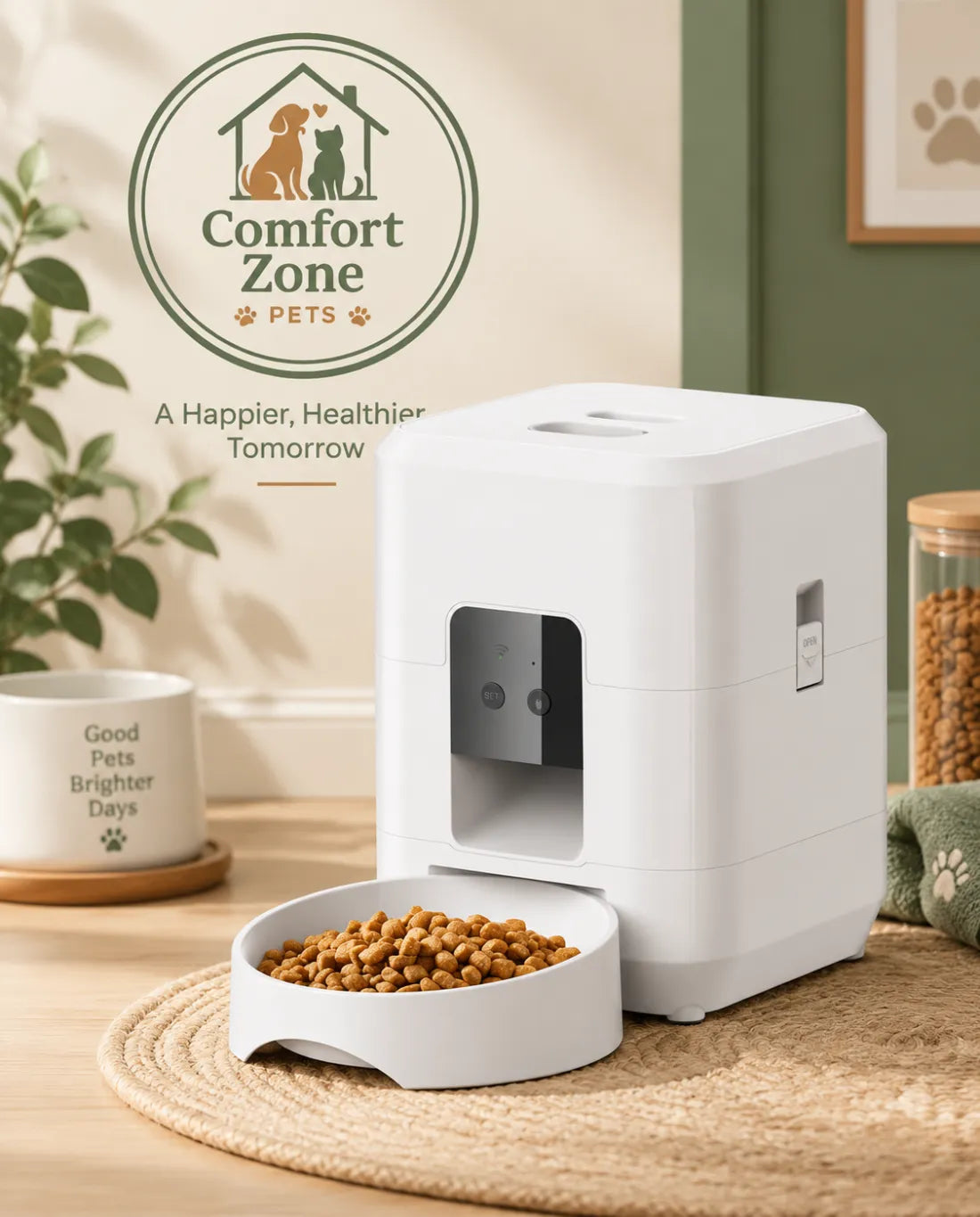 White automatic pet feeder with modern design for cats and dogs in a home environment.