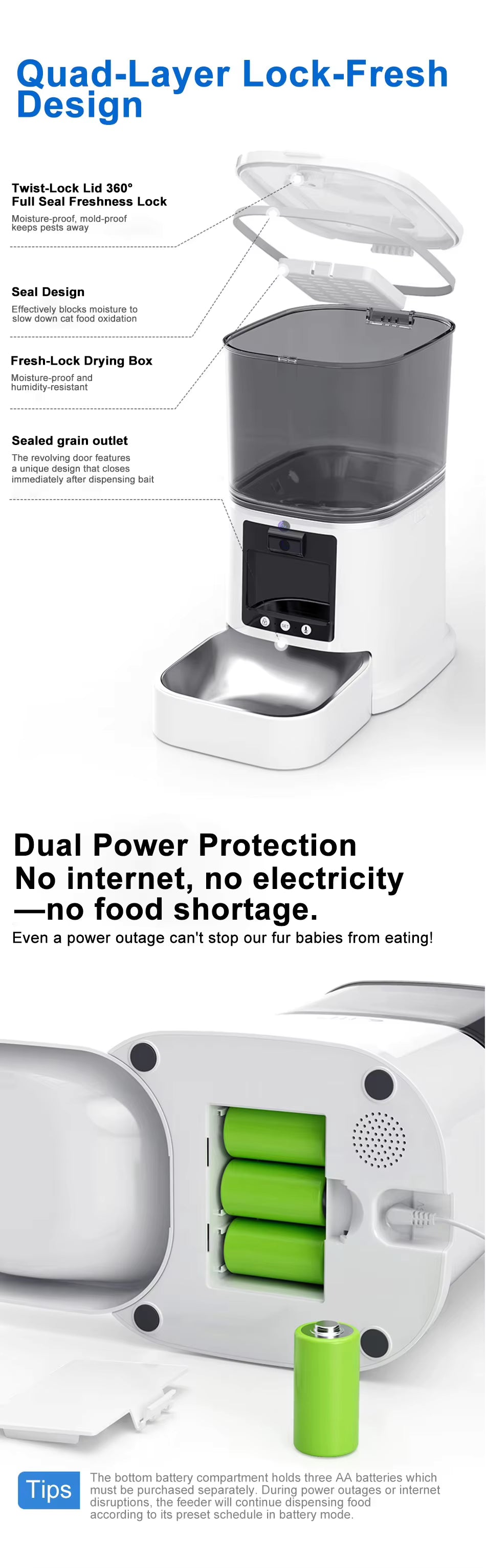 Automatic pet feeder with quad-layer seal design and AA battery backup compartment