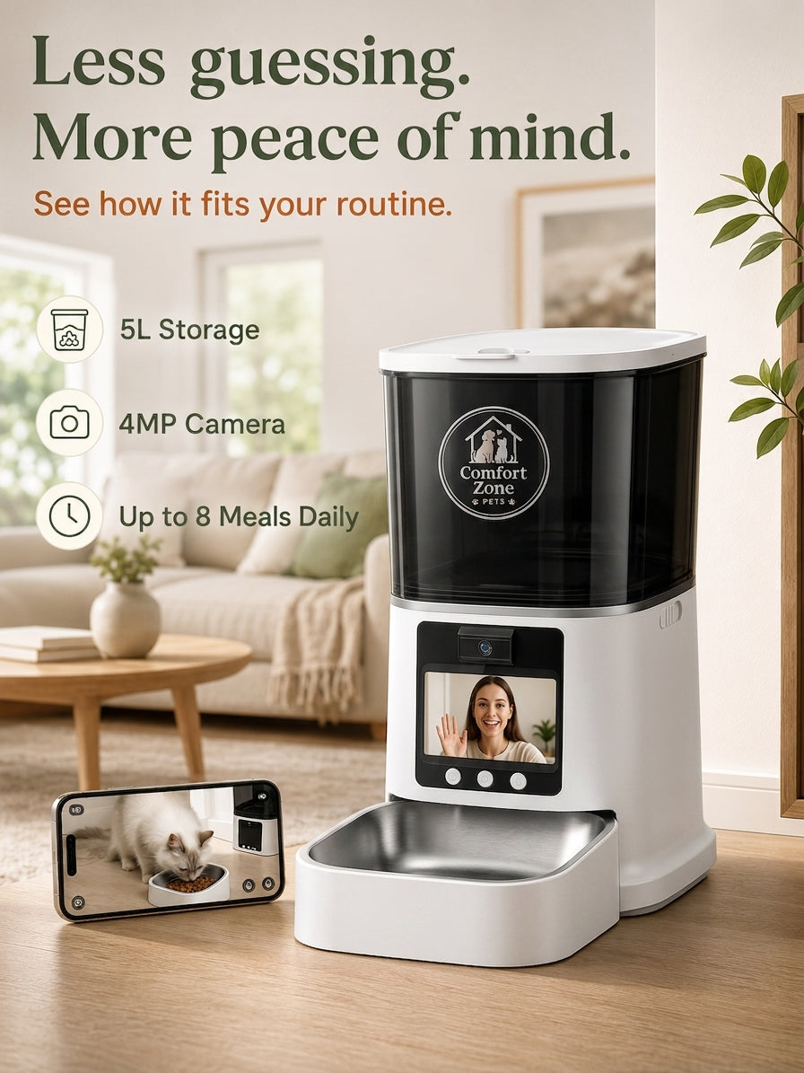 Automatic pet feeder features: 5L storage, 4MP camera, 8 daily meals, live camera view of cat