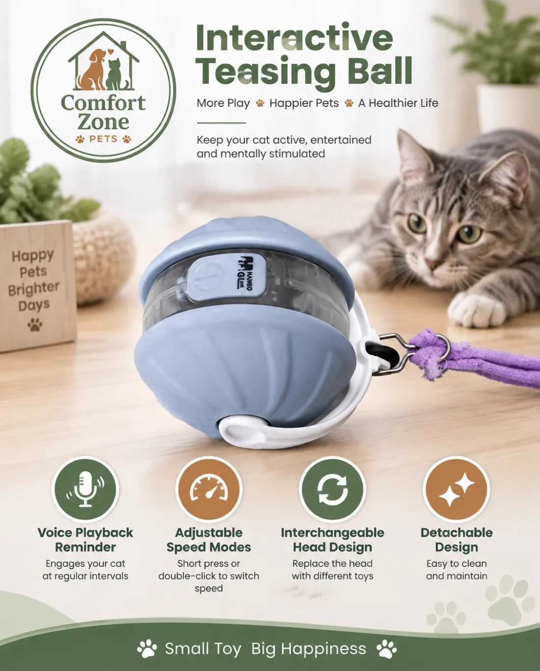 Automatic rolling cat ball toy with laser play and colorful faux tail attachment for cats.