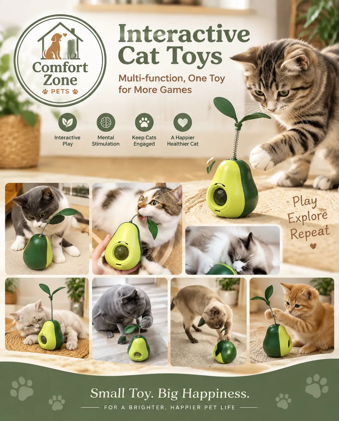 Avocado cat toy with treat dispensing function for cat training, rewards, and interactive enrichment.