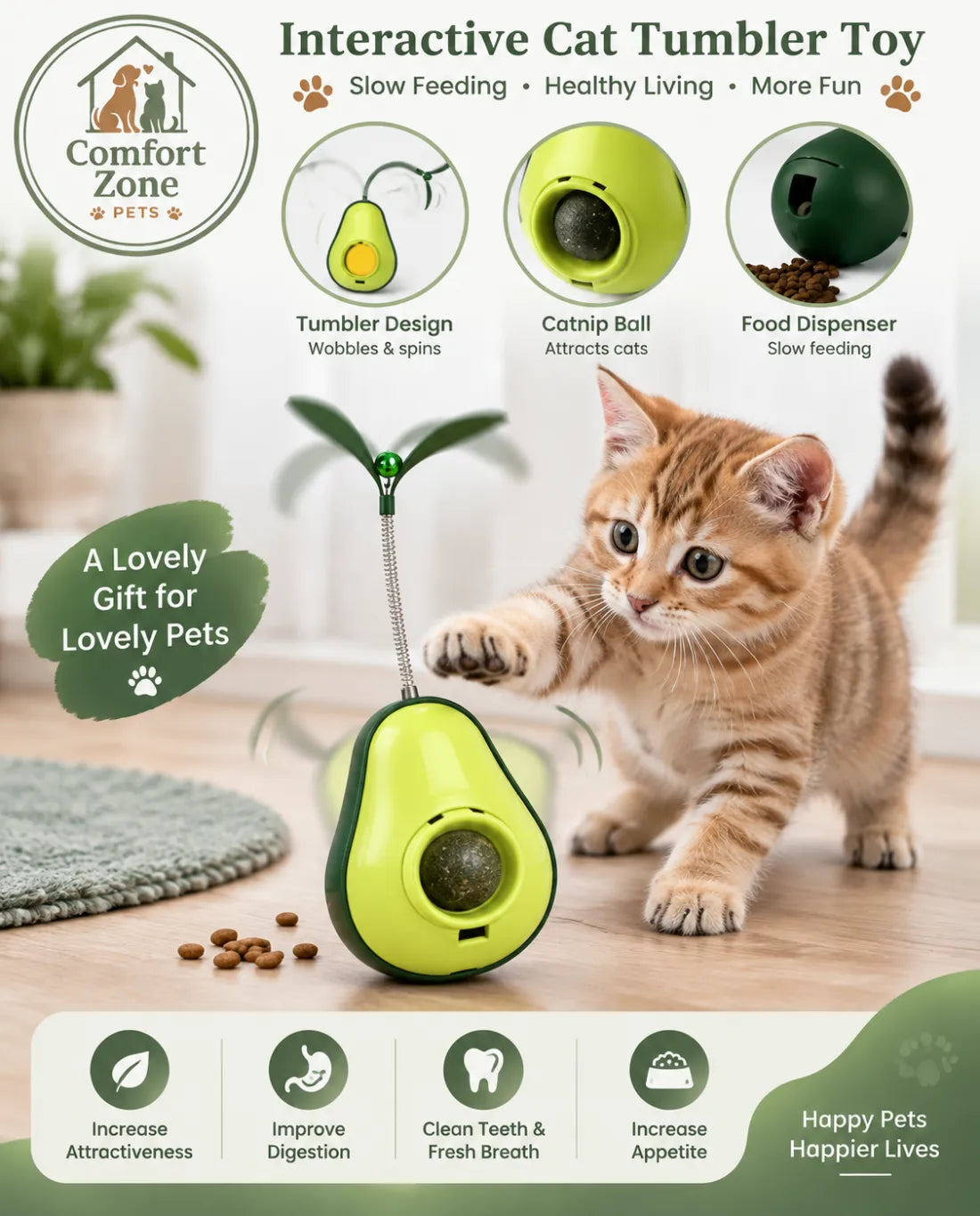 Avocado shaped cat treat dispenser and interactive feeding toy that supports slow feeding and healthy play habits.