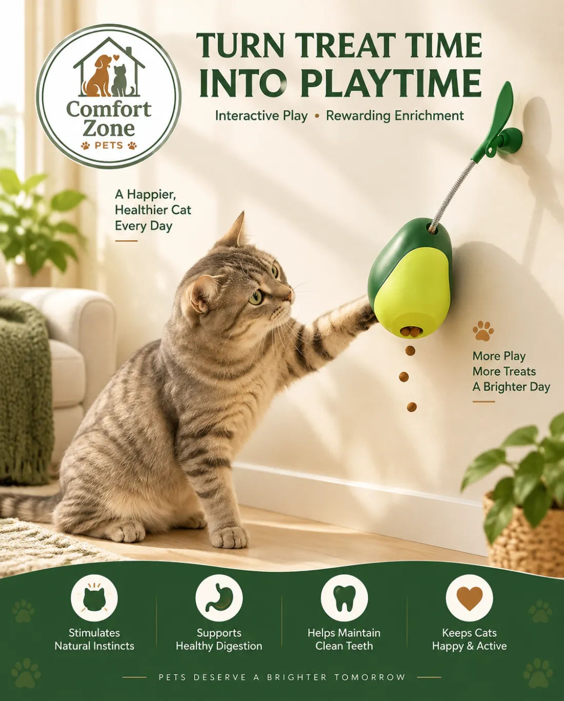 Comfort Zone Pets interactive avocado cat toy with treat dispenser for cats, enrichment, and daily activity.