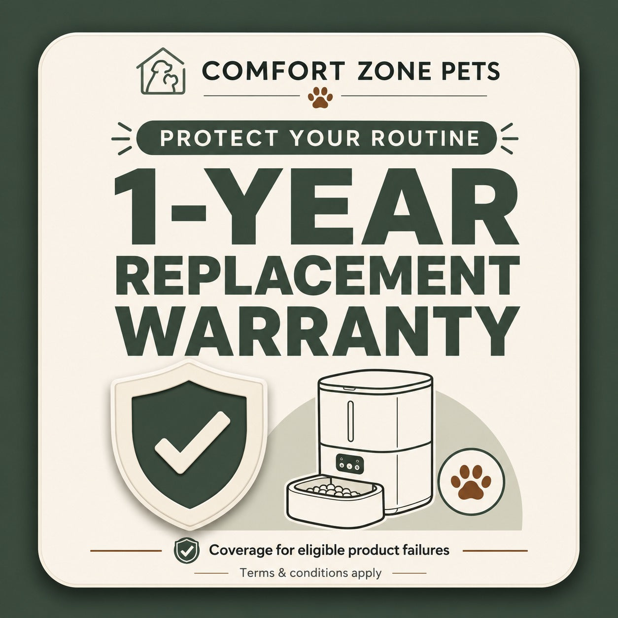 Comfort Zone Pets 1-year replacement warranty graphic for the automatic pet feeder: protect your routine, coverage for eligible product failures