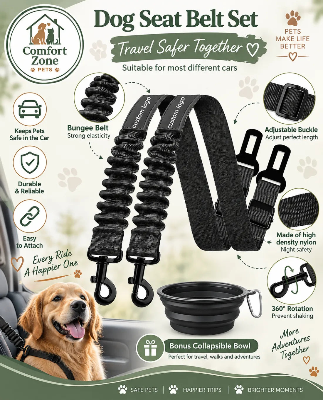 : Black adjustable dog car seat belt with durable nylon strap, 360 rotation clip, and secure vehicle attachment.