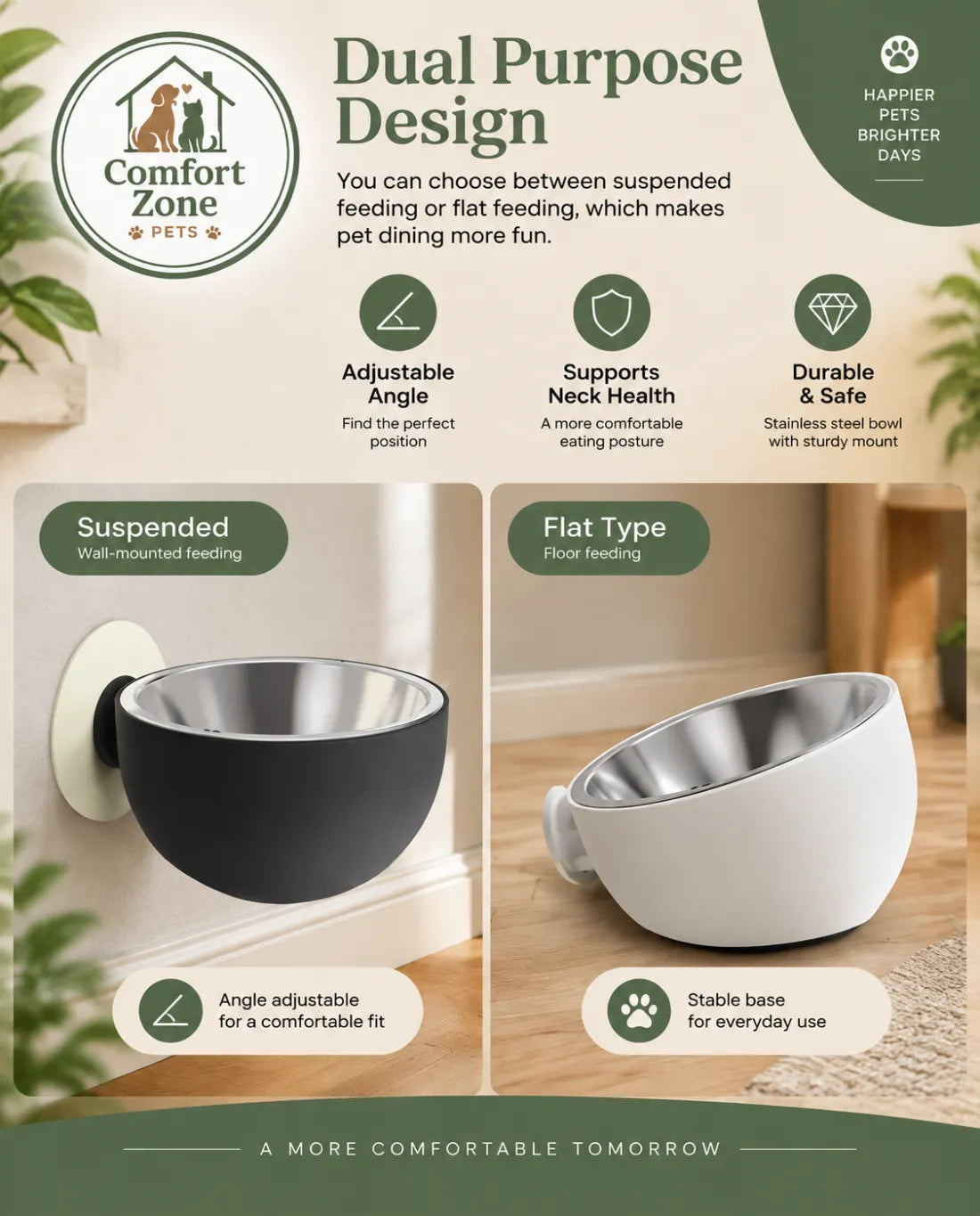 Black stainless steel wall mounted pet bowl with adjustable feeding height for cats and dogs