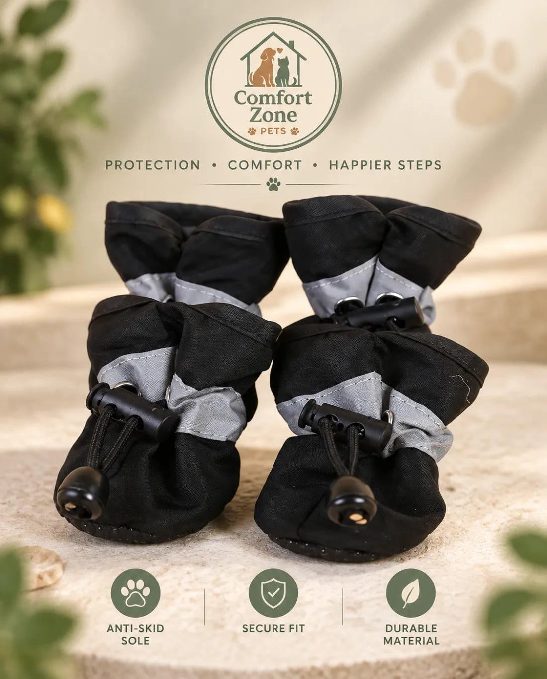 Black dog shoes with durable paw protection for walking outdoors