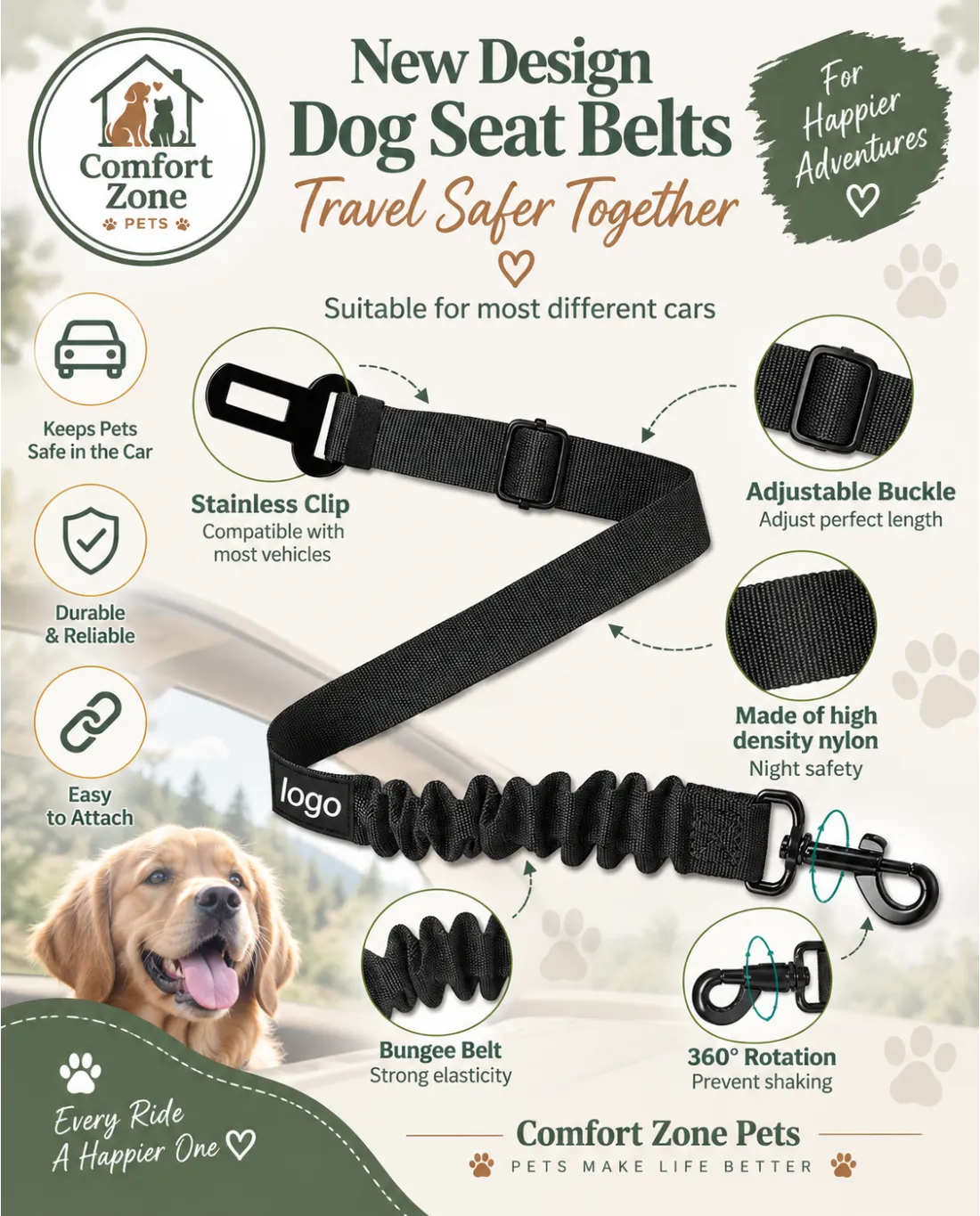  Black dog car seat belt with elastic bungee strap, adjustable buckle, and 360 degree rotating safety clip.