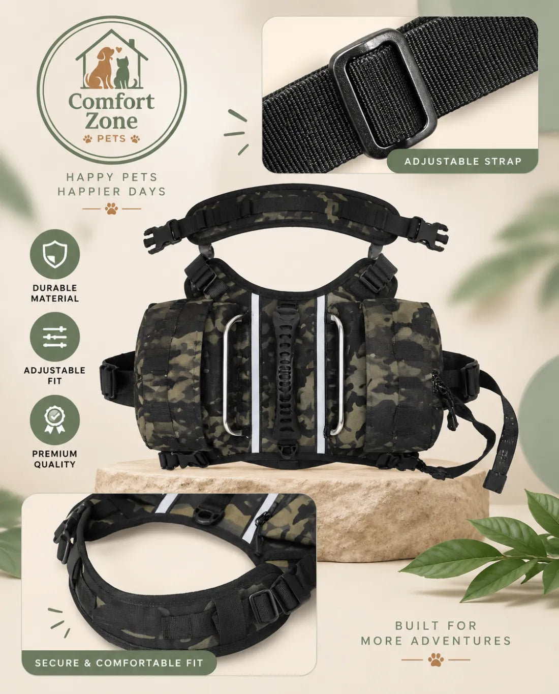Black dog hiking backpack with adjustable harness and dual saddlebags for outdoor adventures