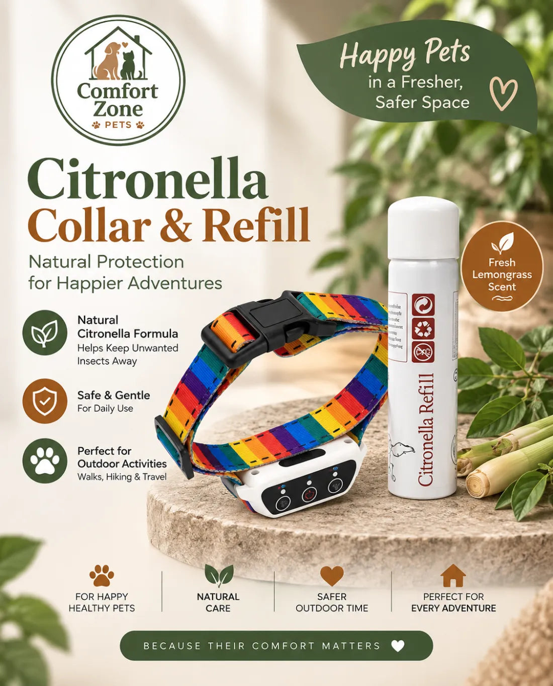Citronella dog bark control collar with refill spray, natural citronella formula, adjustable strap, and outdoor training design for dogs.