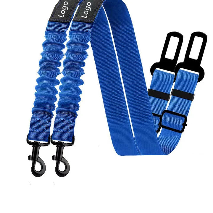 : Blue adjustable dog car seat belt with durable nylon material and dual safety clips for pet travel.