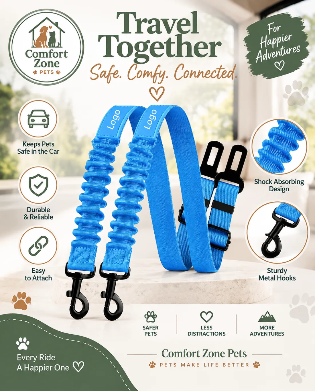 Blue adjustable dog seat belt for car travel featuring shock absorbing bungee design and rotating clips.