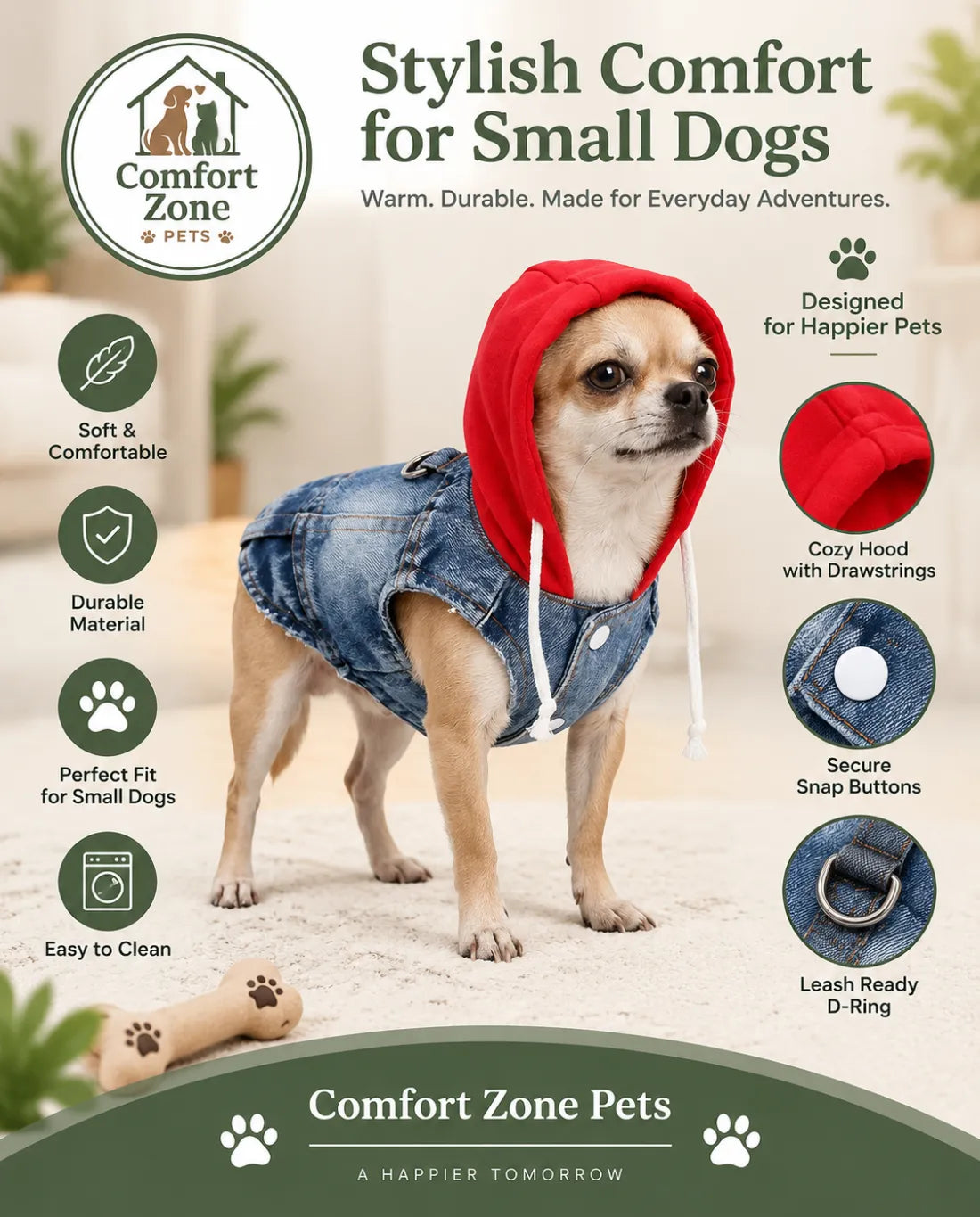 Hooded denim dog jacket with red hood design for stylish small dogs and pets