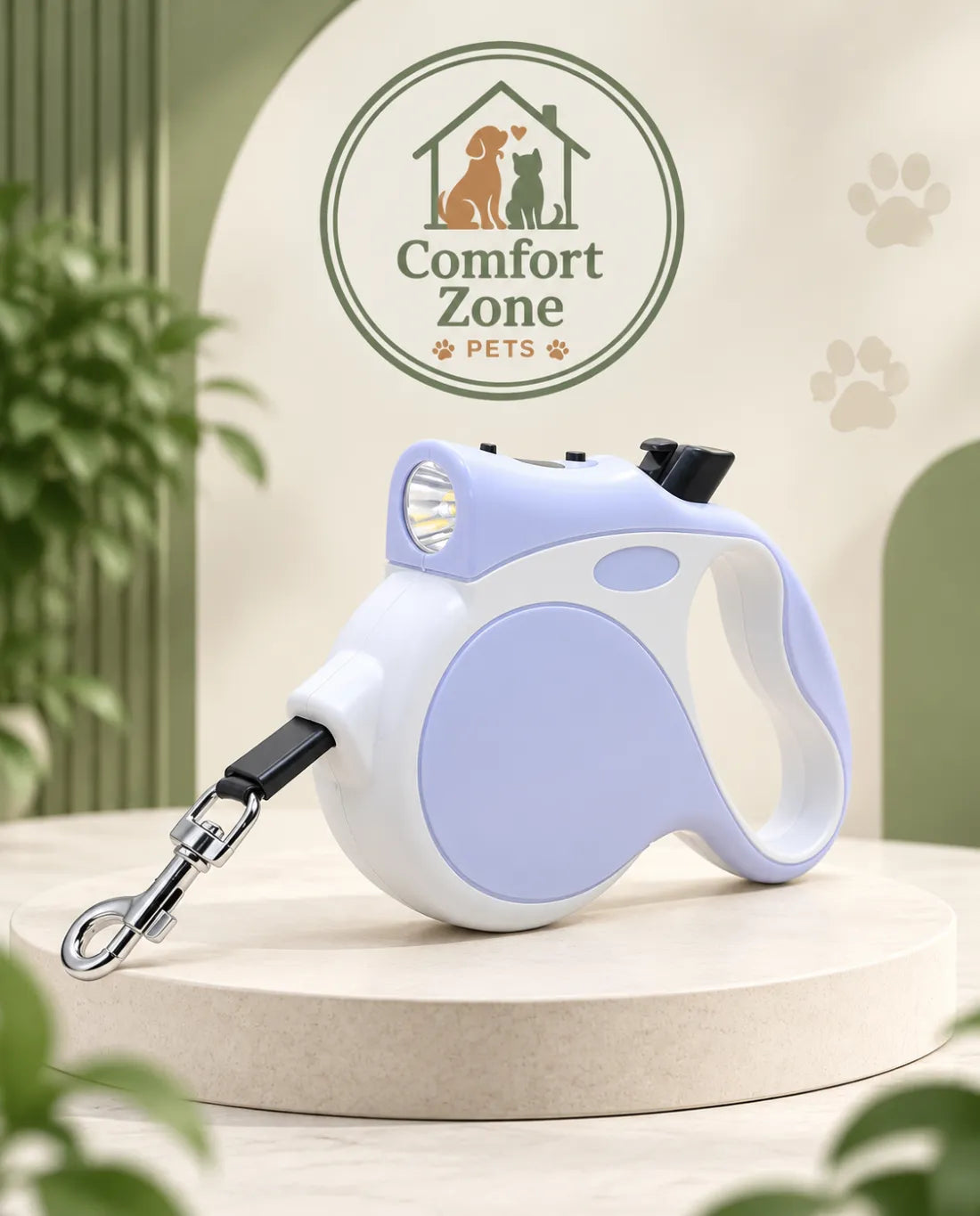 Blue LED retractable dog leash with flashlight for safer nighttime walks and outdoor adventures