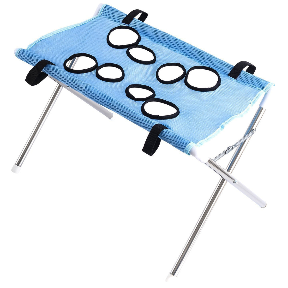 Close-up of blue pet grooming table's multi-port fabric restraint loops