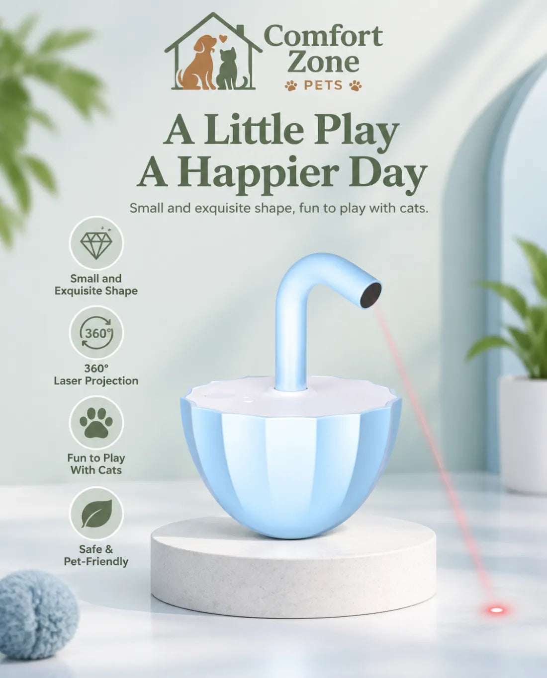 Blue bubble tea shaped automatic laser cat toy with rotating tumbler motion for fun and
active indoor cat play.