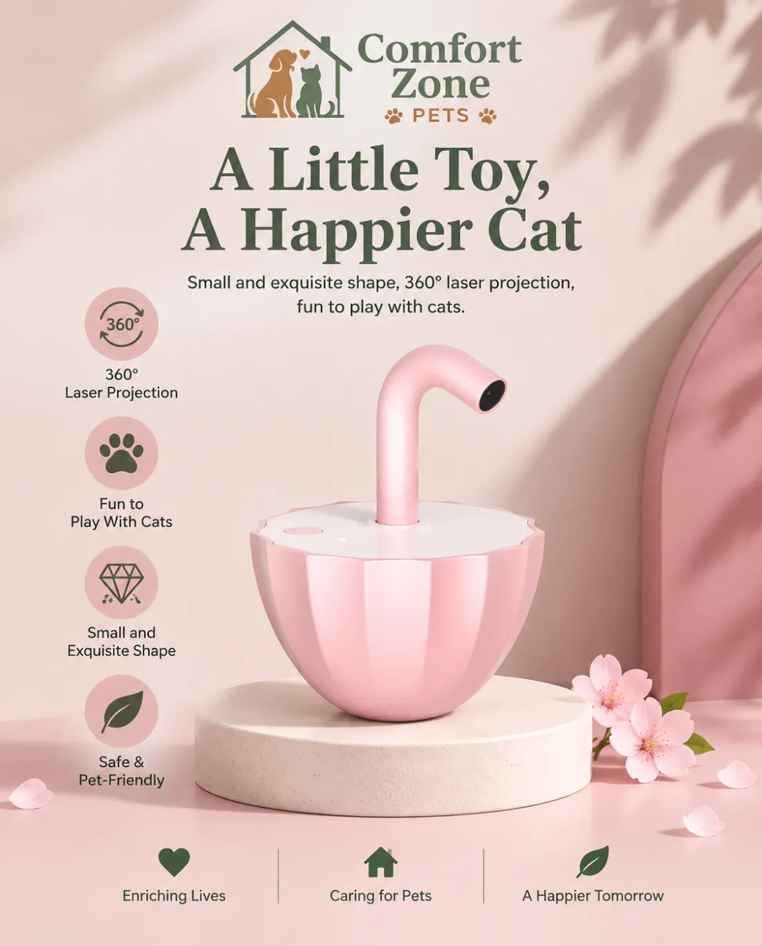 Pink bubble tea laser cat toy featuring automatic rotating tumbler motion to encourage
playful activity and curiosity.