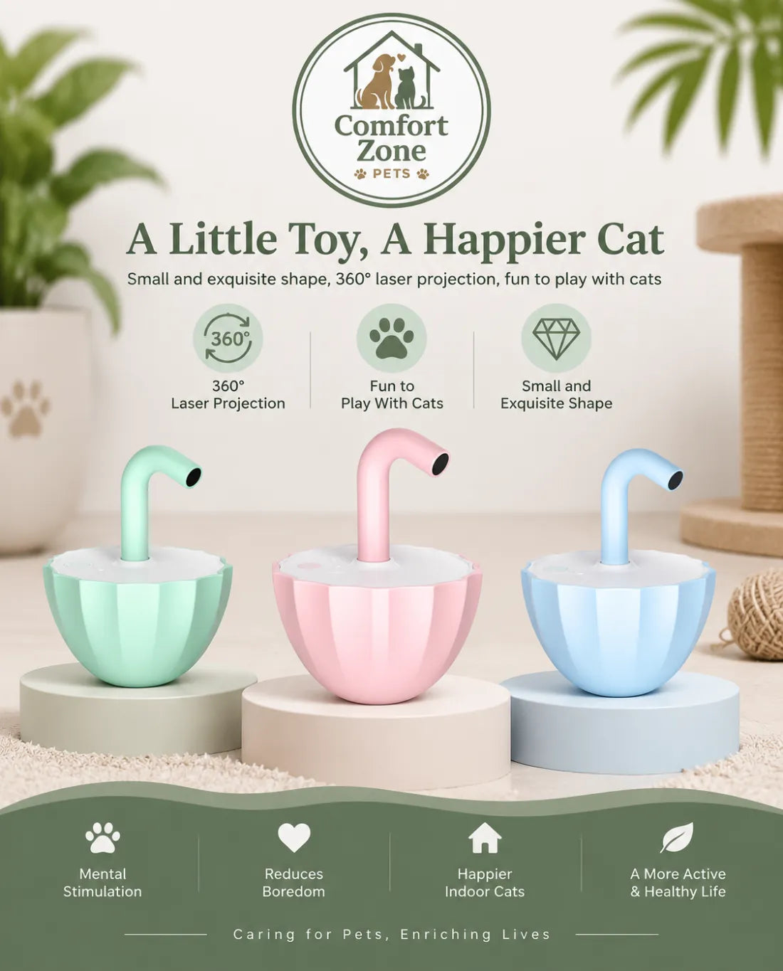 Bubble tea style automatic laser cat toy available in three colors with interactive tumbler
design for indoor cats.