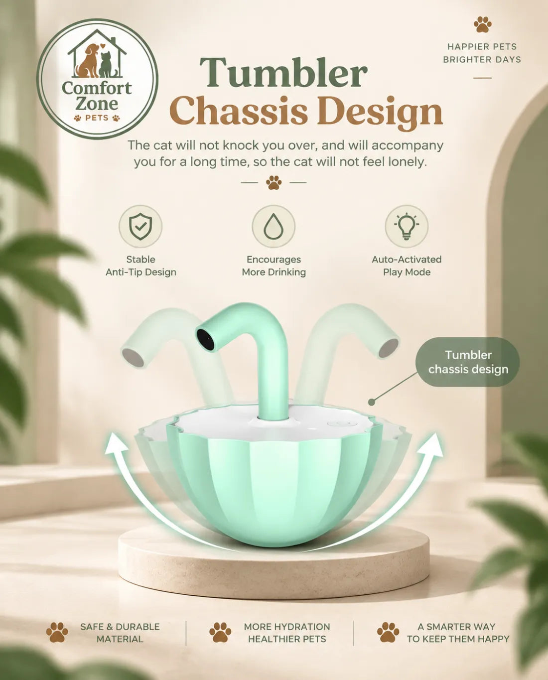 Bubble tea cat toy with stable tumbler chassis design, automatic motion, and interactive
laser play for cats.