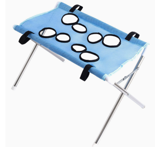 Foldable pet bathing and grooming table with multi-port mesh top, blue