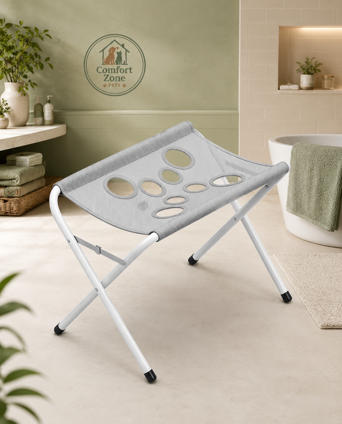 Empty gray foldable pet bathing grooming hammock stand with drainage holes, fully assembled