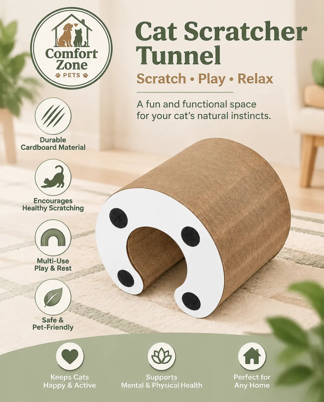 Expandable Cardboard Cat Scratcher Toy with Curved Tunnel Design for Indoor Cats, Interactive Cat Enrichment Toy by Comfort Zone Pets