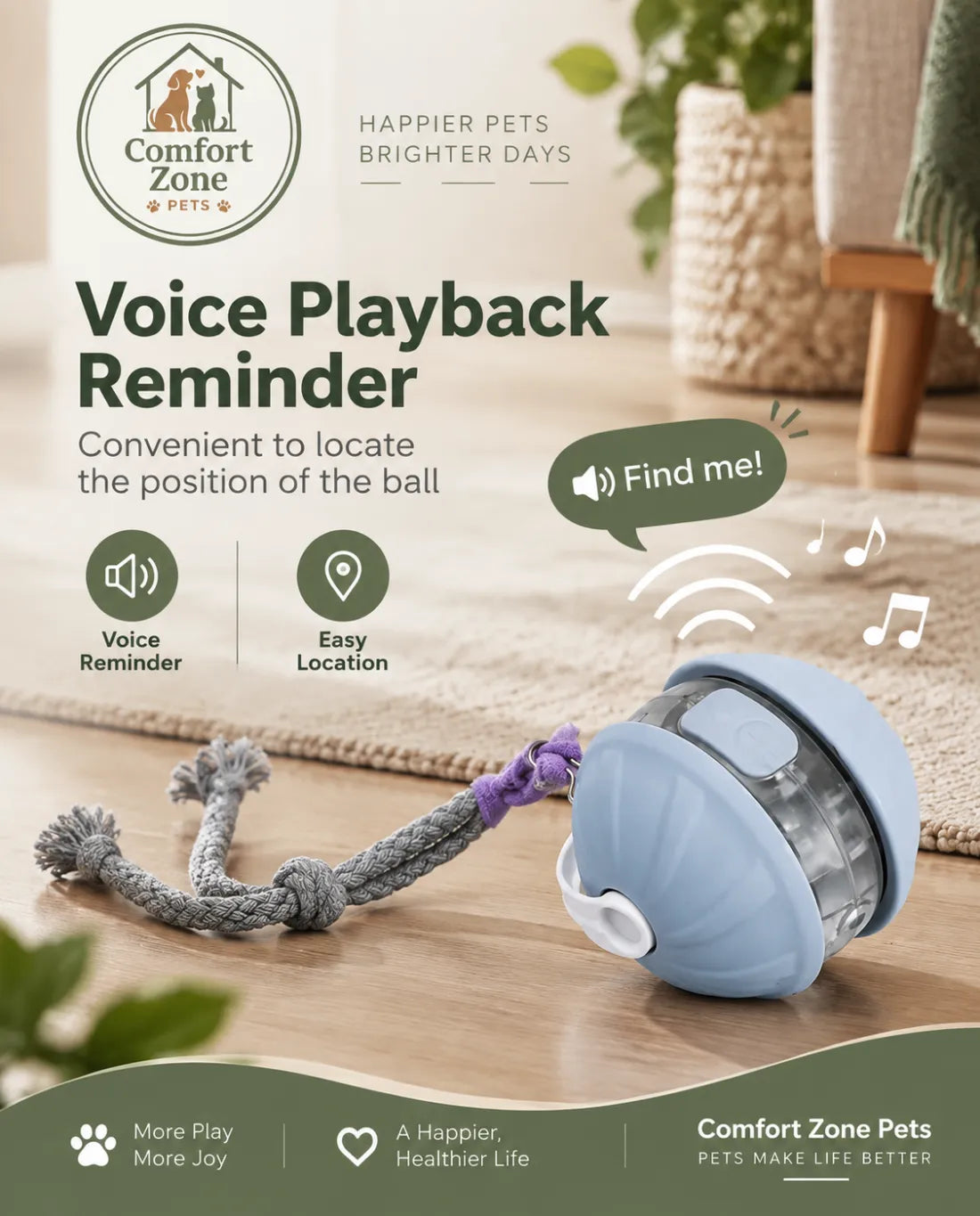 Automatic cat ball toy with voice reminder feature and easy location sound function.
