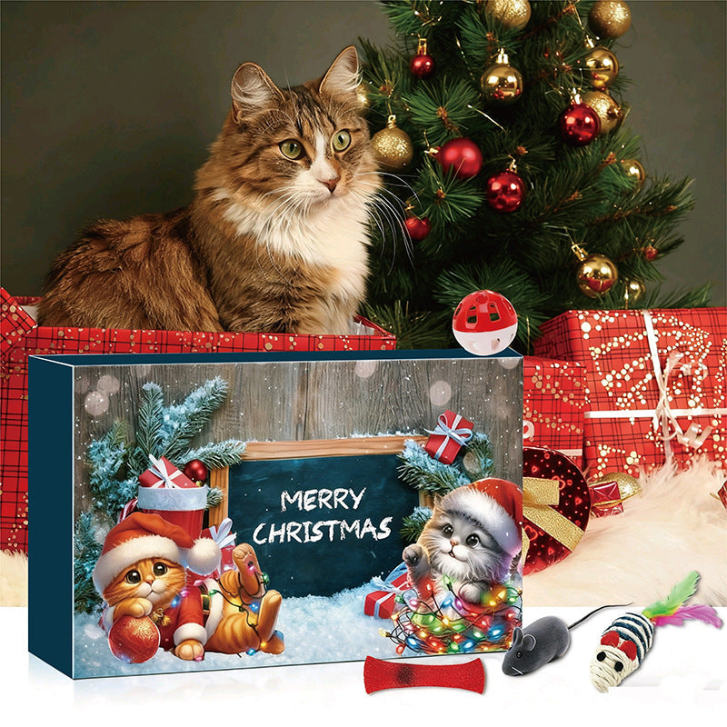 Cat sitting beside a Christmas tree and festive advent calendar gift box with holiday decorations.