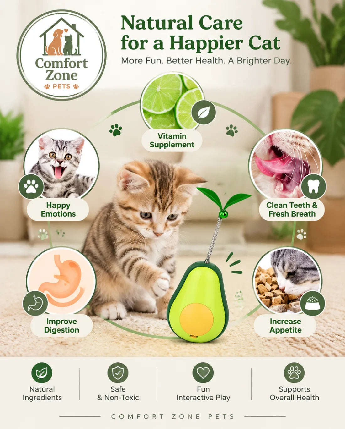 Cat enrichment avocado toy with treat dispenser designed for indoor cats to reduce boredom and encourage activity.