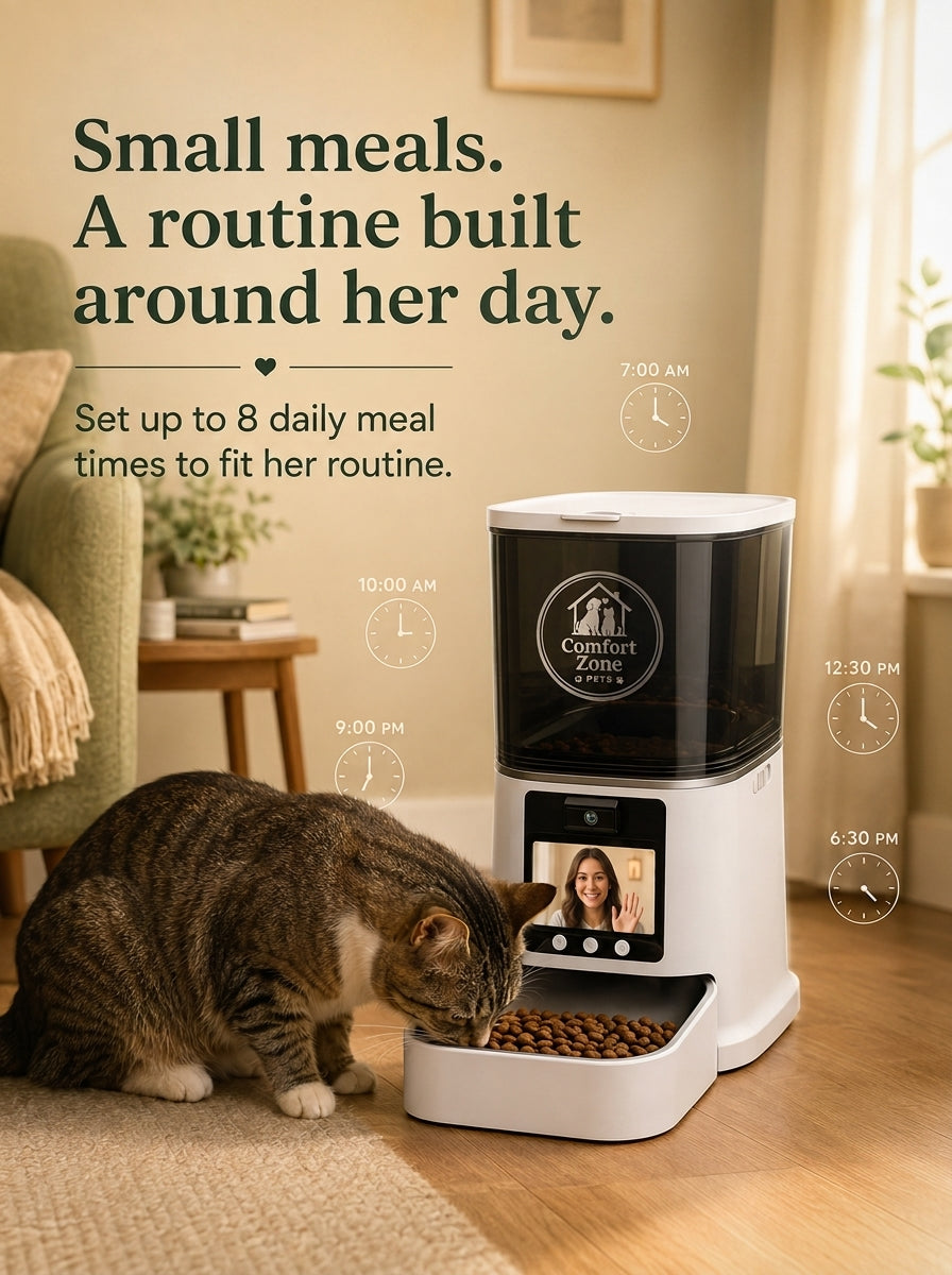 Cat eating from automatic feeder with text about scheduling up to 8 daily meals